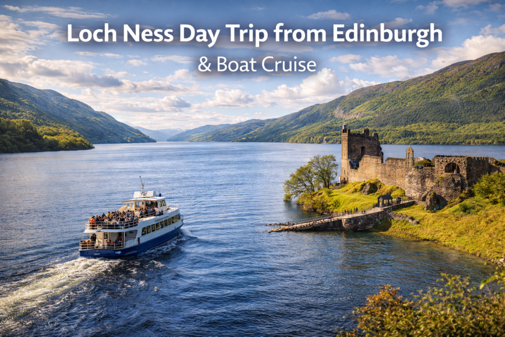 Scenic cinematic view of Loch Ness on a day trip from Edinburgh, showing the vast loch surrounded by dramatic Scottish Highlands, lush green hills, calm waters, and a tour boat cruising under bright natural daylight.