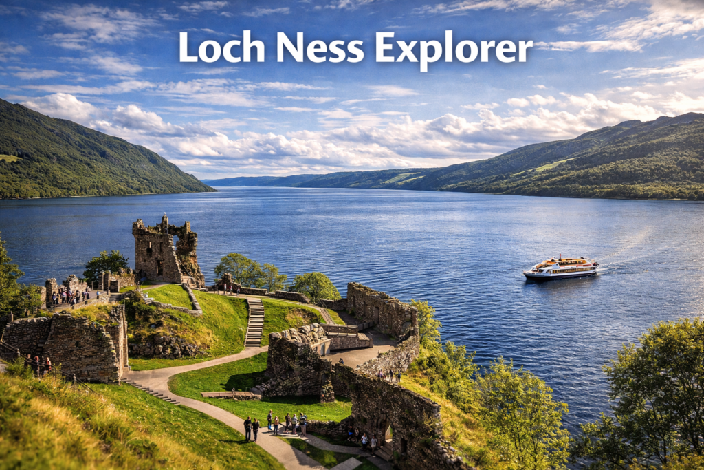 Loch Ness Explorer tour showcasing the scenic shores of Loch Ness with dramatic Scottish Highlands, calm waters, and iconic landscapes under bright daylight