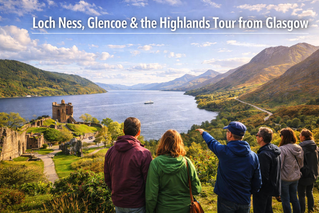 Cinematic landscape of Loch Ness, Glencoe and the Scottish Highlands with mountains, lochs and scenic valleys under bright daylight on a tour from Glasgow