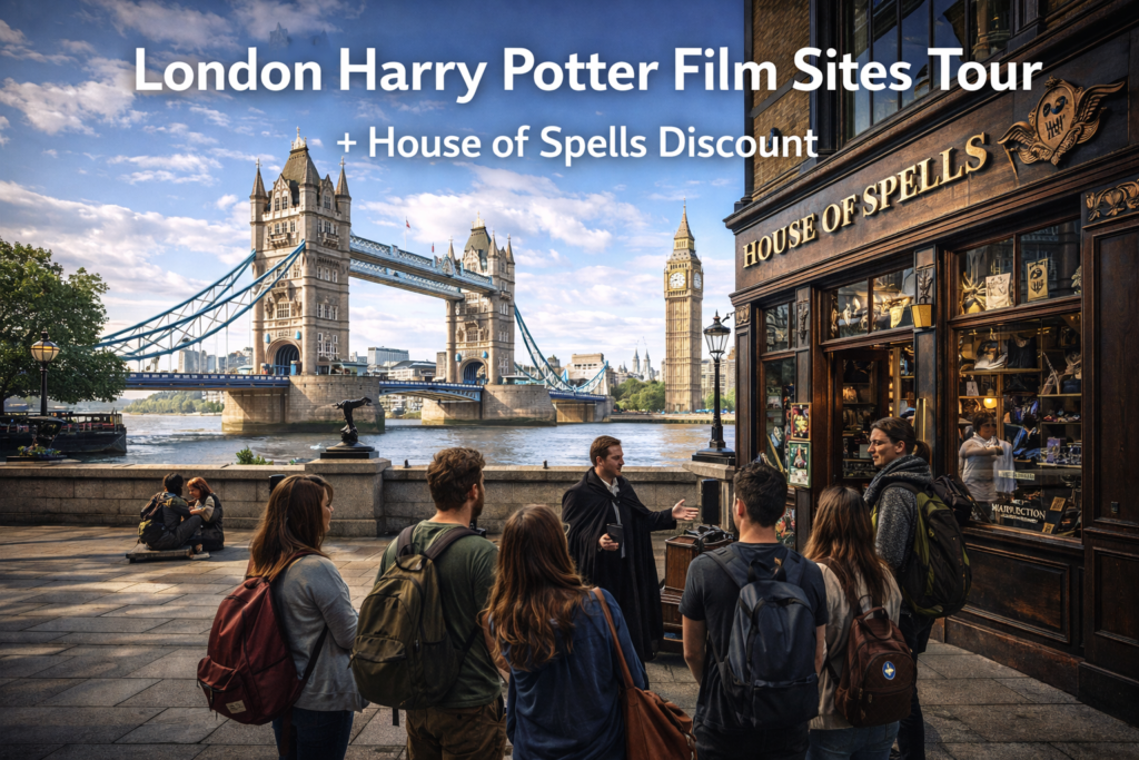 London Harry Potter film sites tour showing iconic locations like Millennium Bridge, Leadenhall Market, and London skyline under bright daylight with cinematic travel atmosphere