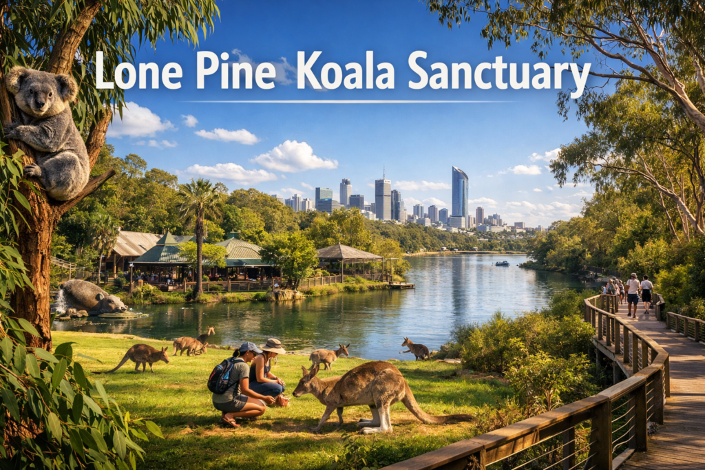 Lone Pine Koala Sanctuary in Brisbane featuring koalas in eucalyptus trees, kangaroos grazing near the Brisbane River, and scenic boardwalks with the city skyline in the background on a sunny day