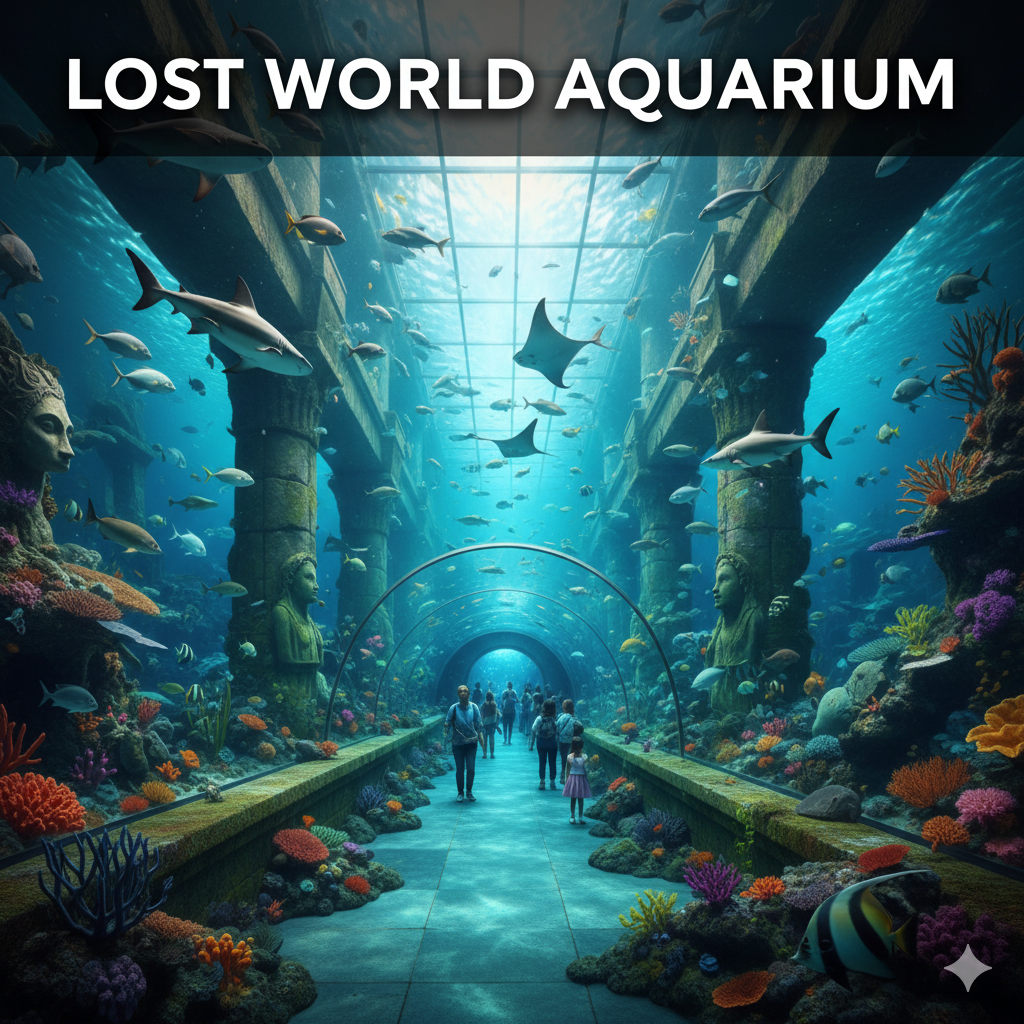 Lost World Aquarium day pass experience featuring a vibrant underwater tunnel with sharks, colorful fish, coral reefs, and immersive marine life exhibits in Dubai.