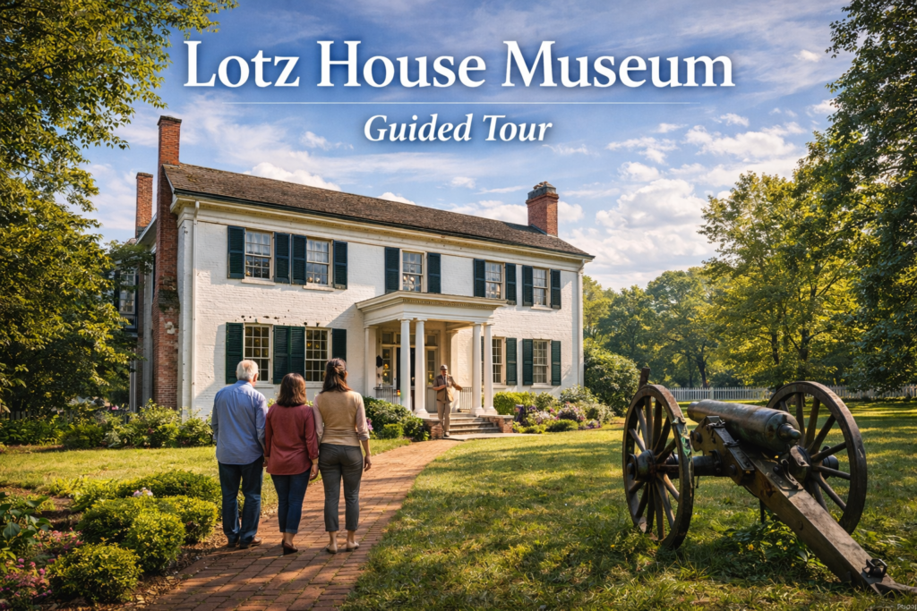 Lotz House Museum guided tour in Franklin Tennessee featuring historic Civil War era home, visitors, and original cannon under bright daylight