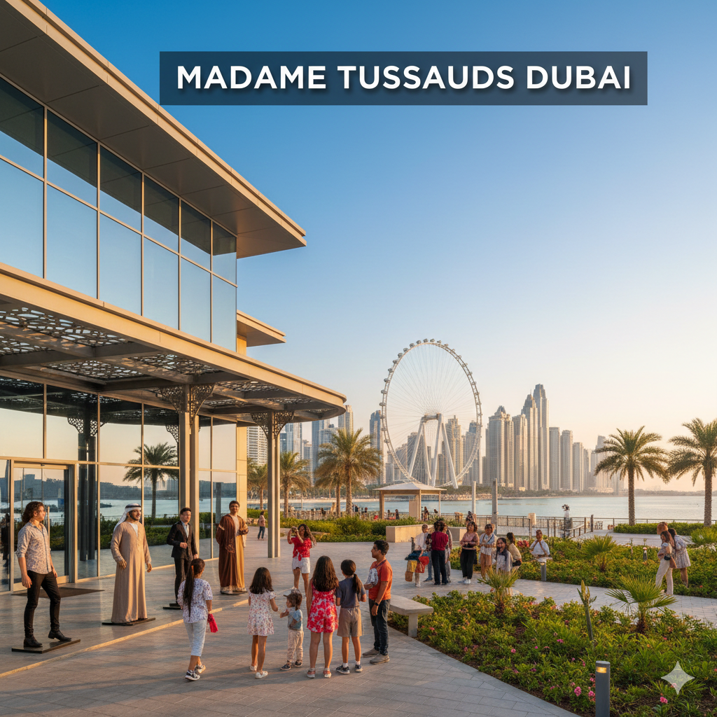 Madame Tussauds Dubai entrance with visitors exploring wax figures and interactive exhibits inside Dubai Mall, cinematic bright daylight, realistic travel photography
