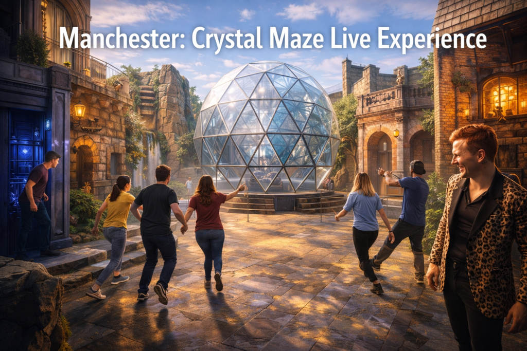 Team participants entering the Crystal Dome at The Crystal Maze Live Experience Manchester, surrounded by themed adventure zones in a cinematic daylight setting.