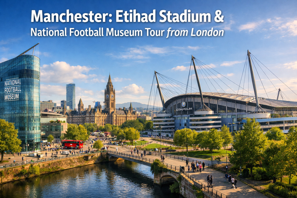 Highly realistic panoramic view of Manchester featuring Etihad Stadium and the National Football Museum, with city skyline, canal walkways, greenery, and iconic landmarks under bright daylight, representing a guided tour from London.