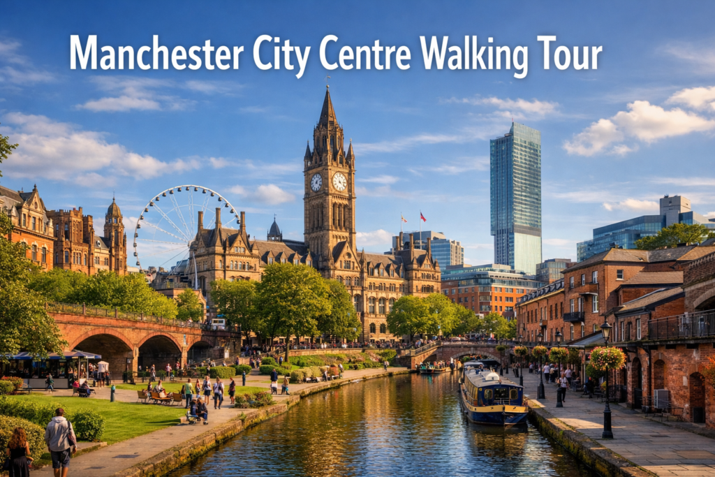 Cinematic city centre view of Manchester featuring historic architecture, canal walkways, greenery, and modern skyline during a guided walking tour in bright daylight.