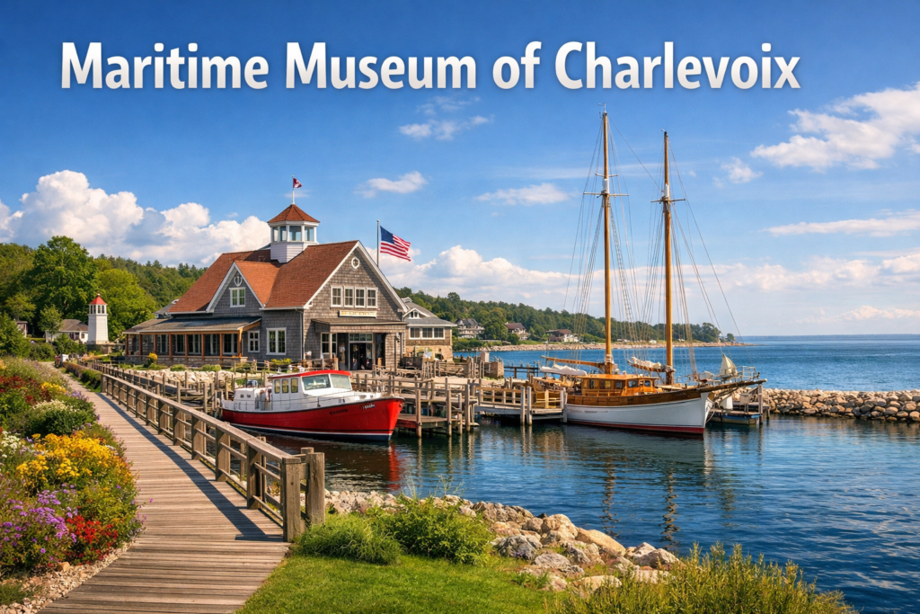 Maritime Museum of Charlevoix overlooking Lake Michigan with historic boats docked along the harbor under bright daylight