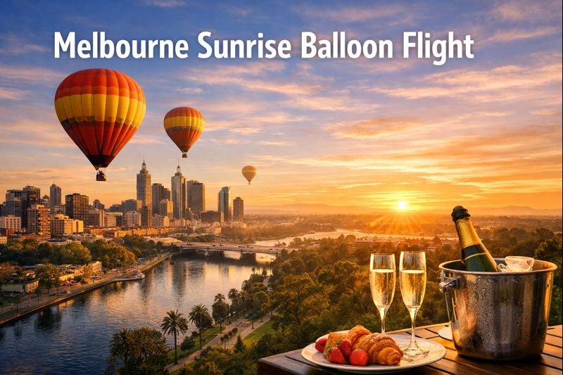 Melbourne sunrise hot air balloon flight floating over the Yarra River and city skyline with champagne breakfast setup at golden dawn