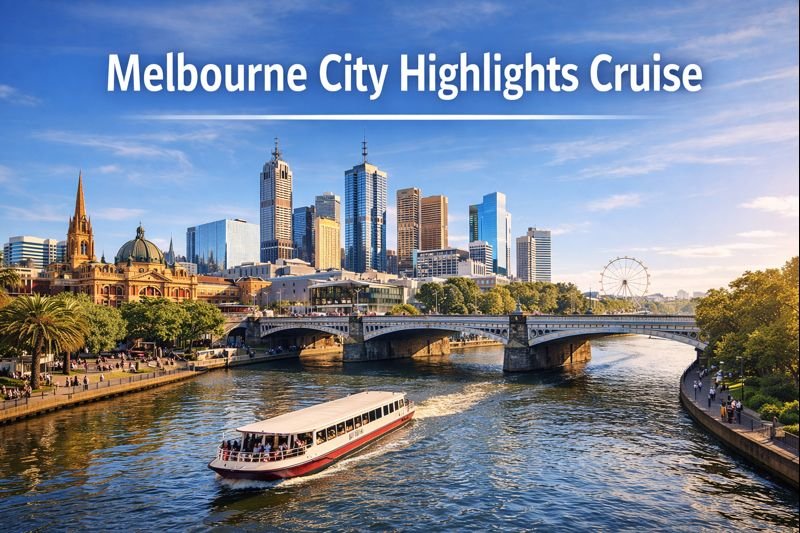 Melbourne City Highlights Cruise on the Yarra River with a sightseeing boat passing Princes Bridge, Flinders Street Station, and the modern Melbourne skyline under bright daylight