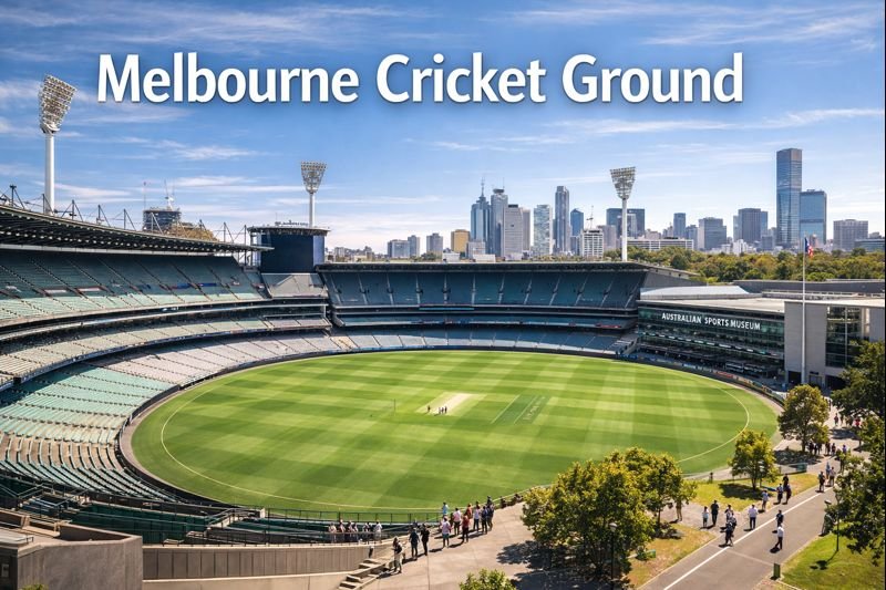 Melbourne Cricket Ground stadium under bright daylight with green playing field, surrounding stands, Australian Sports Museum, and Melbourne city skyline in the background.