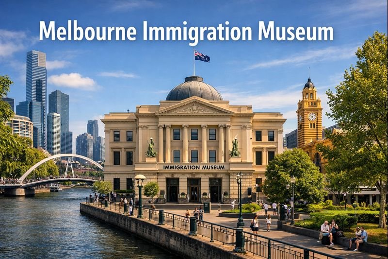 Melbourne Immigration Museum housed in the historic Old Customs House along the Yarra River, showcasing grand heritage architecture, city skyline, and riverside promenade in bright daylight.