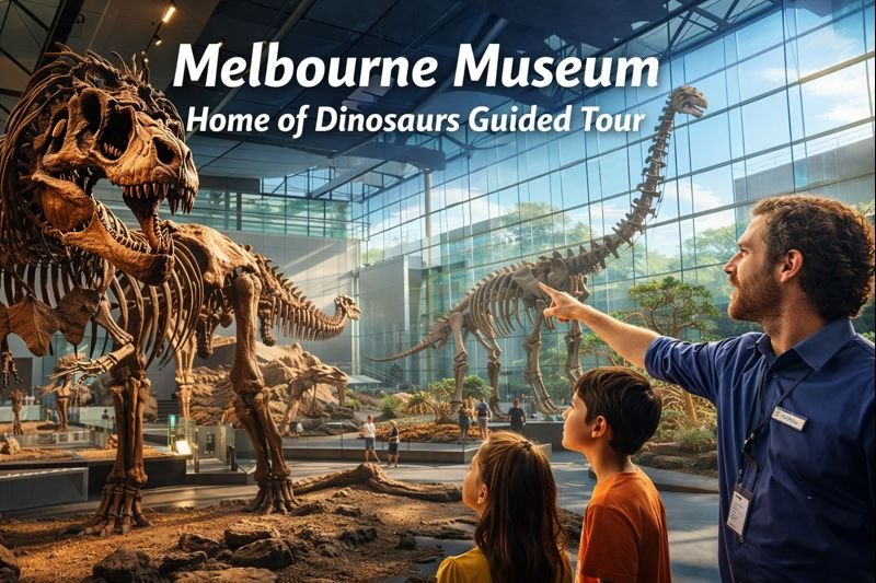 Melbourne Museum dinosaur gallery featuring T rex and long neck dinosaur skeletons with guided tour inside a sunlit modern museum hall