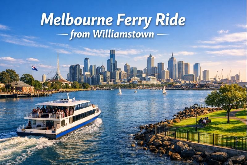 Melbourne ferry cruising from Williamstown across Port Phillip Bay with city skyline, Eureka Tower, sailboats, and waterfront park under bright daylight