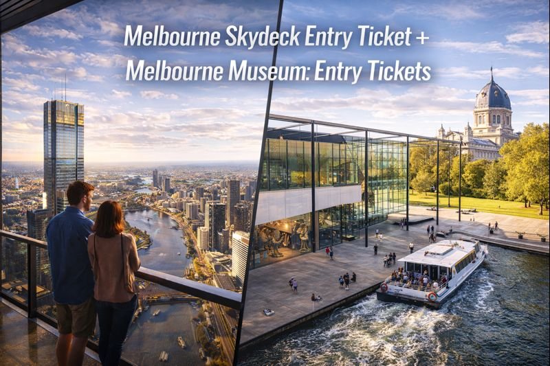 Melbourne Skydeck panoramic city view paired with Melbourne Museum exterior showcasing iconic architecture, skyline, greenery, and Yarra River in bright daylight