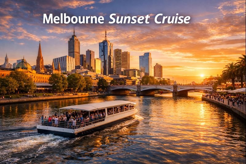 Melbourne Sunset Cruise sailing along the Yarra River at golden hour with city skyline, Princes Bridge, and iconic landmarks glowing in evening light
