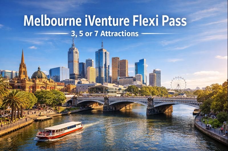 Melbourne city skyline with Yarra River, Princes Bridge, Flinders Street Station, and modern skyscrapers under bright daylight promoting Melbourne iVenture Flexi Pass access to 3, 5, or 7 attractions