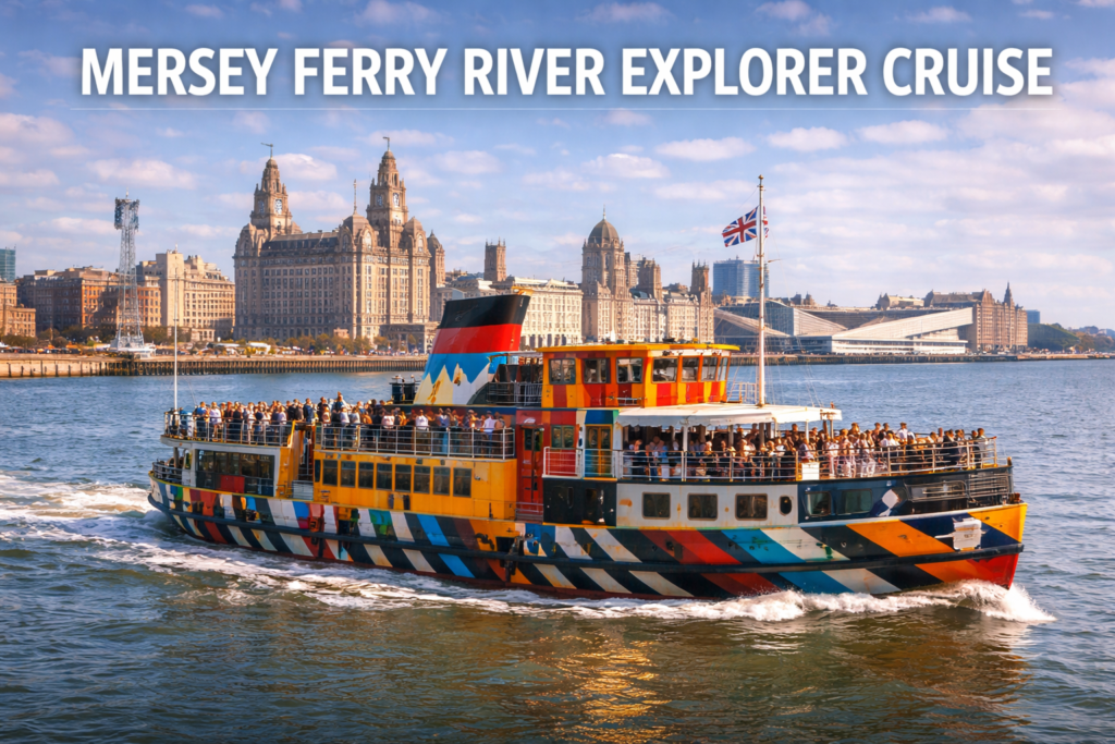 Mersey Ferry River Explorer Cruise sailing on the River Mersey with Liverpool skyline and Royal Liver Building in bright daylight