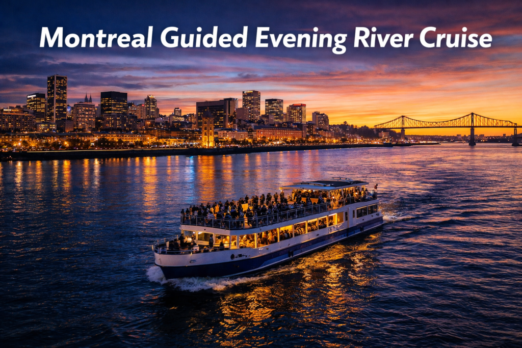 Montreal evening river cruise on the St Lawrence River featuring illuminated skyline, bridges, and Old Port landmarks at sunset