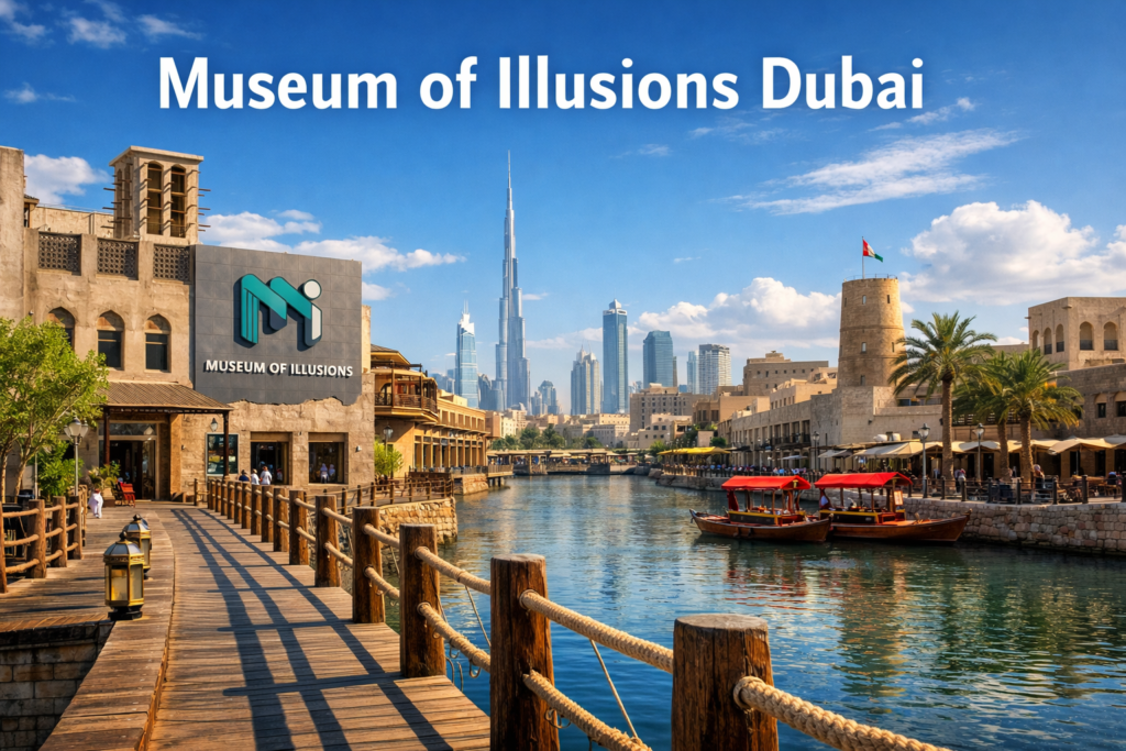 Museum of Illusions Dubai at Al Seef waterfront with traditional Arabian architecture, wooden walkways, Dubai Creek boats, and modern skyline under bright daylight