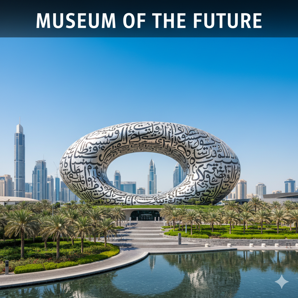 Museum of the Future Dubai iconic torus-shaped building glowing with Arabic calligraphy at sunset, showcasing futuristic architecture and innovation exhibits.