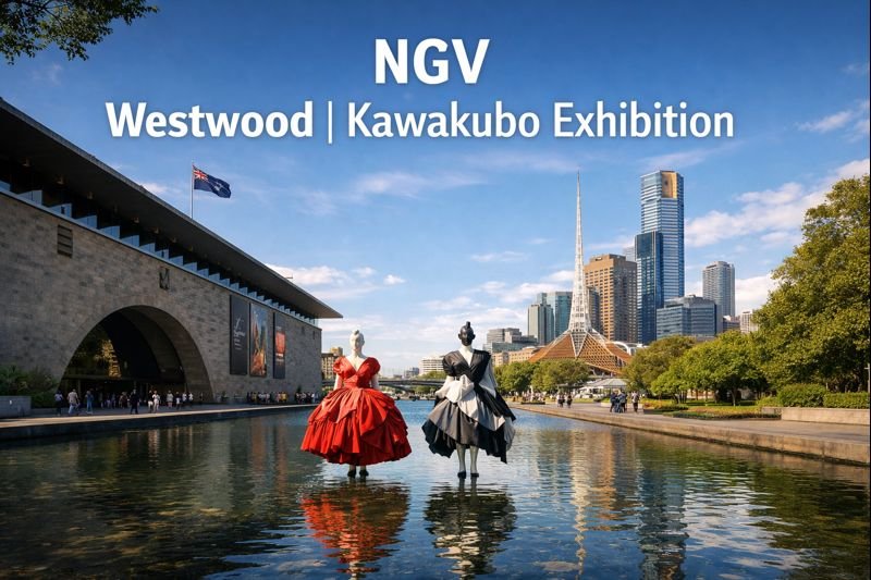 National Gallery of Victoria Westwood Kawakubo Exhibition featuring iconic NGV architecture, reflecting pool, fashion installations, and Melbourne city skyline under bright daylight
