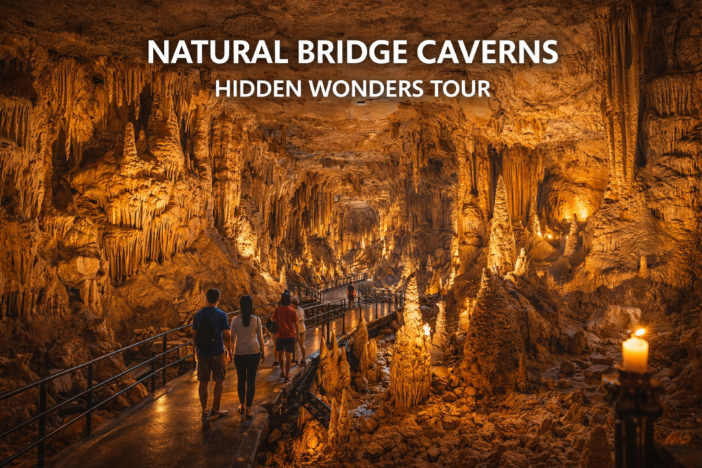 Visitors walking along the Hidden Wonders Tour pathway inside Natural Bridge Caverns surrounded by illuminated stalactites and stalagmites in Texas.