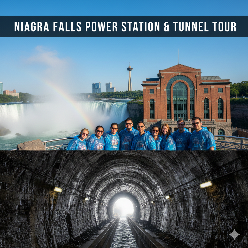 Niagara Falls Power Station tour showing historic generators, the Tailrace Tunnel exit by the river, and panoramic views from the Skylon Tower observation deck