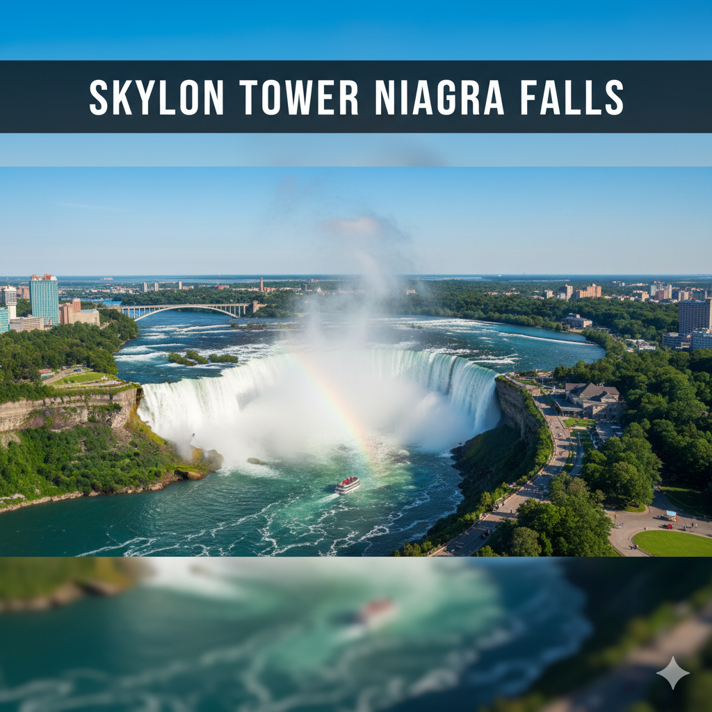 Niagara Falls viewed from the Skylon Tower Observation Deck with panoramic views of Horseshoe Falls, American Falls, and the surrounding cityscape in daylight