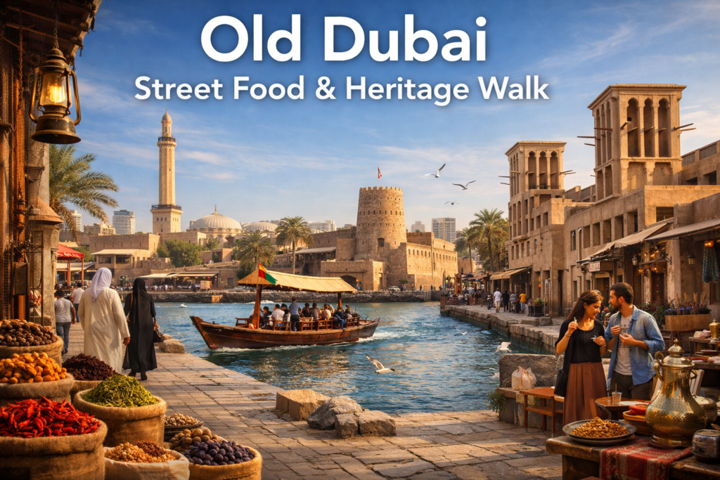 Old Dubai Street Food and Heritage Walk with Dubai Creek abra boat, traditional souks, wind tower architecture, and historic waterfront under bright daylight