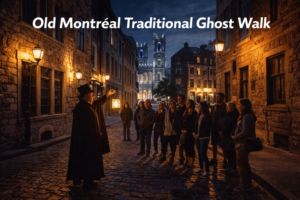 Old Montréal Traditional Ghost Walk through cobblestone streets with historic stone buildings and lantern-lit atmosphere in Montreal, Canada