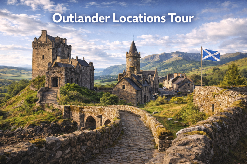 Outlander Locations Tour cinematic landscape featuring Scottish castles, rolling Highlands, historic villages, and iconic filming locations from the Outlander TV series under bright daylight.