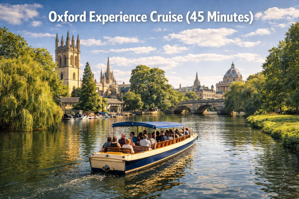 Oxford Experience Cruise on the River Thames passing historic Oxford University colleges with lush riverside greenery in bright daylight