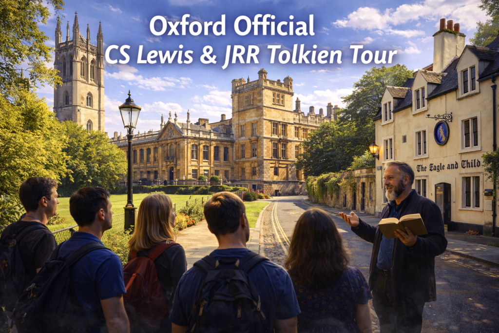 A high-resolution, cinematic view of Oxford University showcasing historic college architecture, scenic walkways, lush greenery, and urban elements with tourists exploring, featuring bold text at the top reading 'Oxford Official CS Lewis & JRR Tolkien Tour'.