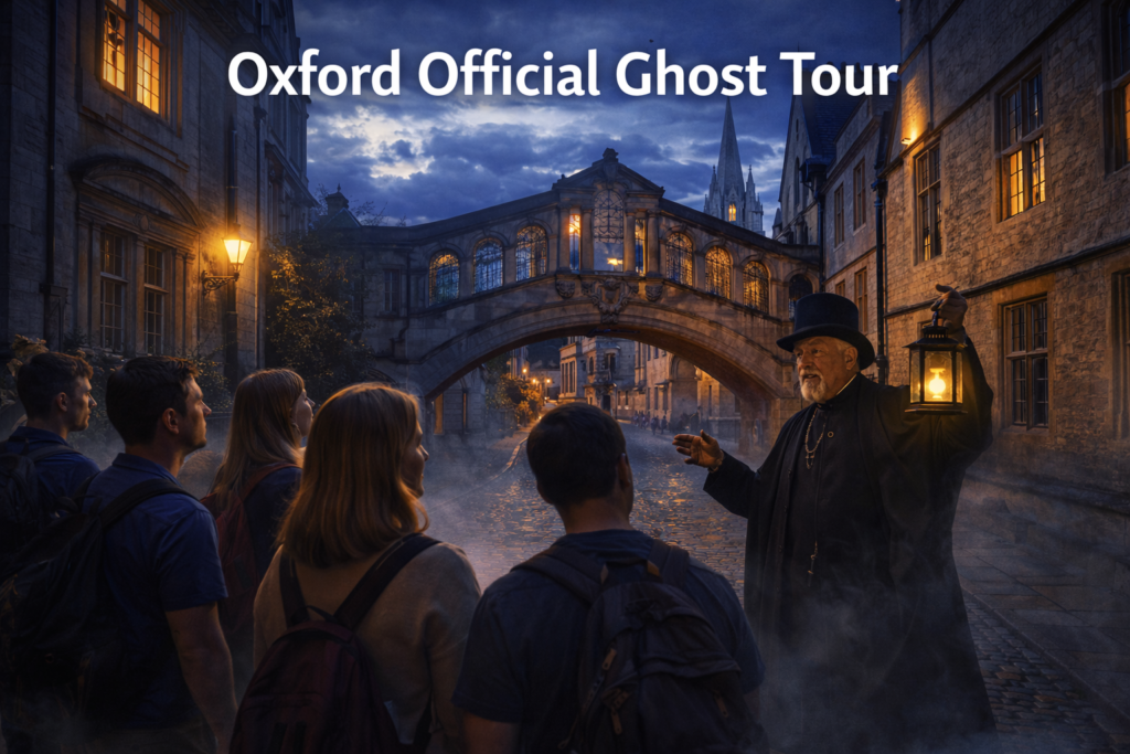 High-resolution landscape of Oxford Official Ghost Tour, showing historic streets, iconic Oxford landmarks, scenic walkways, and ambient greenery under bright natural daylight, with bold white text overlay for the tour name, cinematic perspective perfect for travel blogs and YouTube thumbnails.