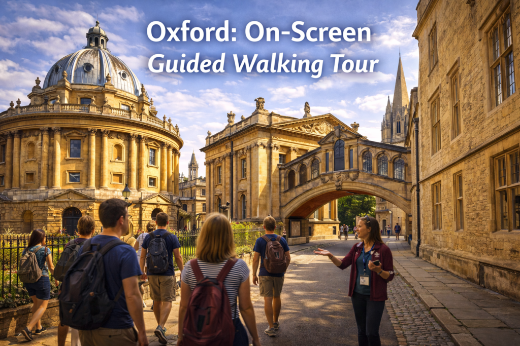 Oxford On-Screen Guided Walking Tour showcasing historic university architecture, cobblestone streets, scenic walkways, and lush greenery under bright daylight, with tourists exploring iconic landmarks in a cinematic travel photography style.