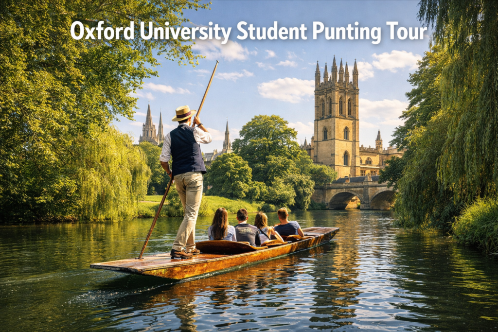 Oxford University punting tour on the River Cherwell led by university students, showing traditional wooden punts, historic college buildings, green meadows, and bright daylight scenery