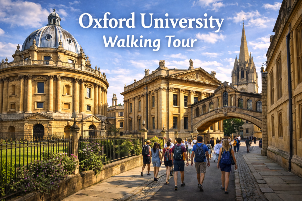 Oxford University walking tour featuring Radcliffe Camera, Bodleian Library, historic colleges, cobbled streets, and golden stone architecture under bright daylight