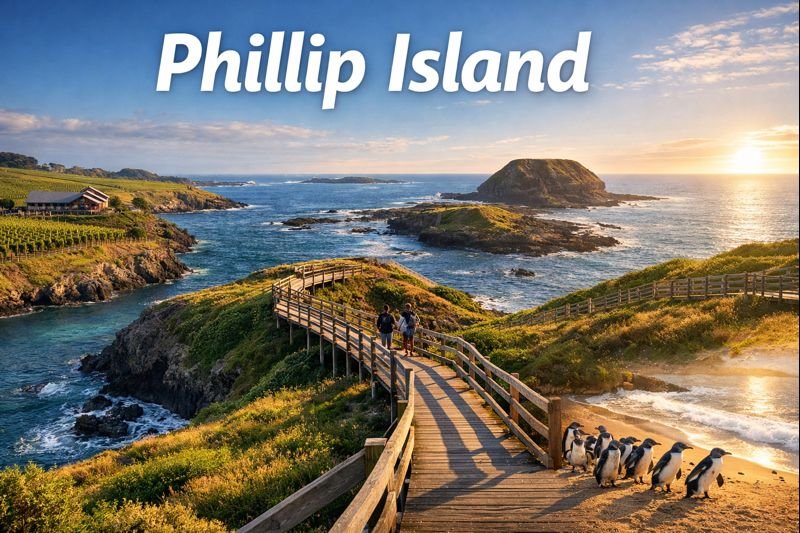 Phillip Island guided tour from Melbourne featuring coastal boardwalks rugged cliffs ocean views vineyard scenery and the famous Penguin Parade at sunset in Australia