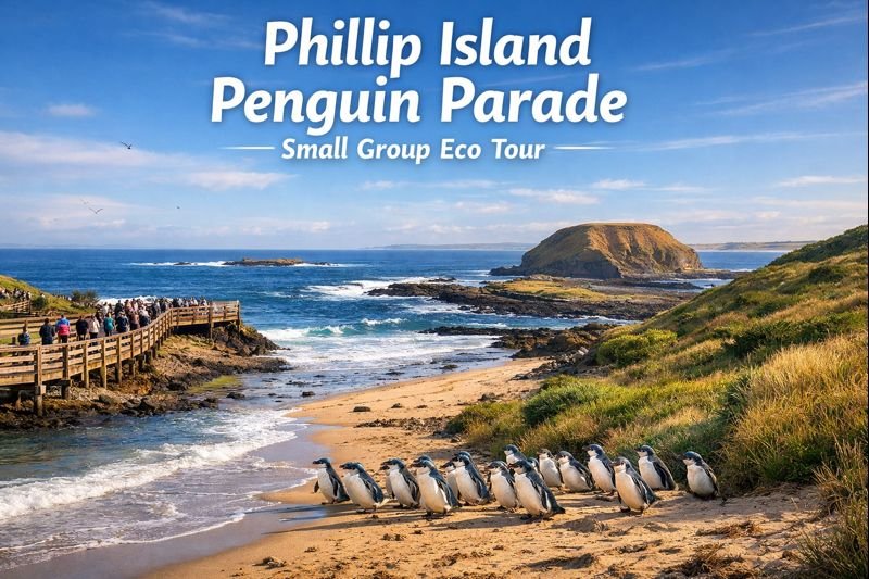 Phillip Island Penguin Parade at sunset with little penguins walking from the beach to their burrows along coastal boardwalks in Victoria Australia