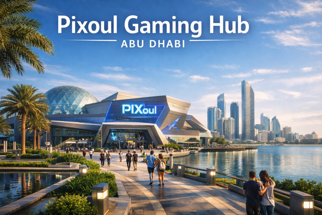 Pixoul Gaming Hub Abu Dhabi with futuristic architecture, palm lined waterfront walkway, and modern city skyline under bright daylight