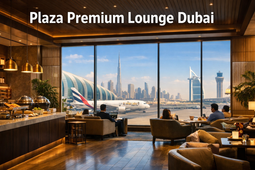Plaza Premium Lounge Dubai interior with luxury seating gourmet dining and panoramic Dubai skyline views inside Dubai International Airport during bright daytime