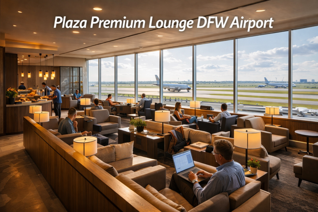 Plaza Premium Lounge at Dallas Fort Worth International Airport with modern seating, travelers relaxing and working, and panoramic runway views in daylight.