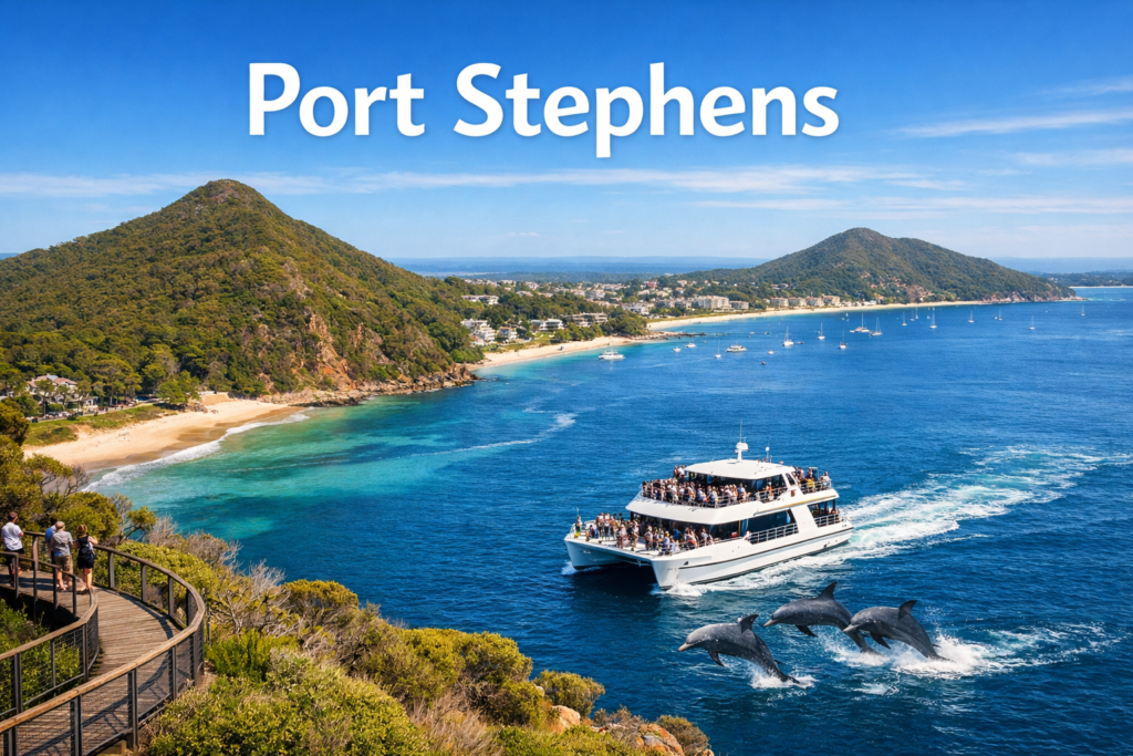 Port Stephens dolphin watching cruise with scenic coastline, turquoise waters, and mountains on a sunny day in New South Wales Australia