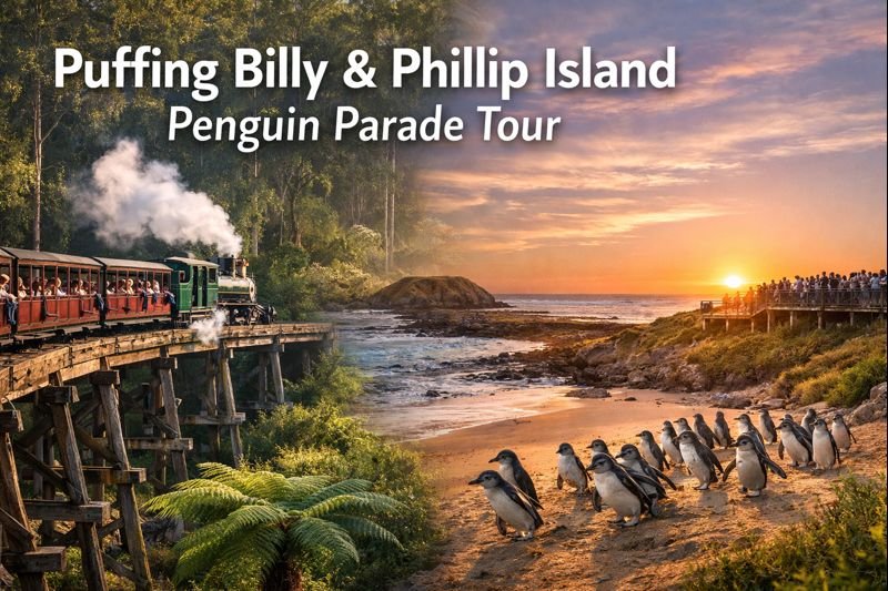 Puffing Billy steam train crossing forest trestle bridge combined with Phillip Island Penguin Parade at sunset on a scenic day tour from Melbourne