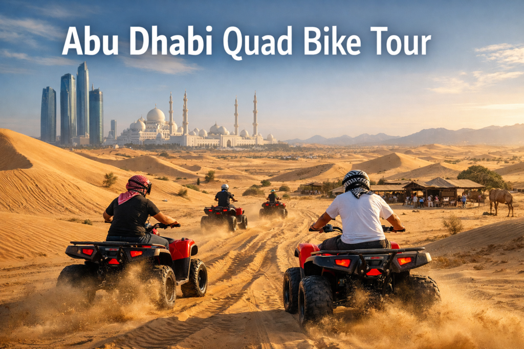 Abu Dhabi quad bike tour across golden desert dunes with riders speeding through sand under a bright blue sky and city skyline in the background