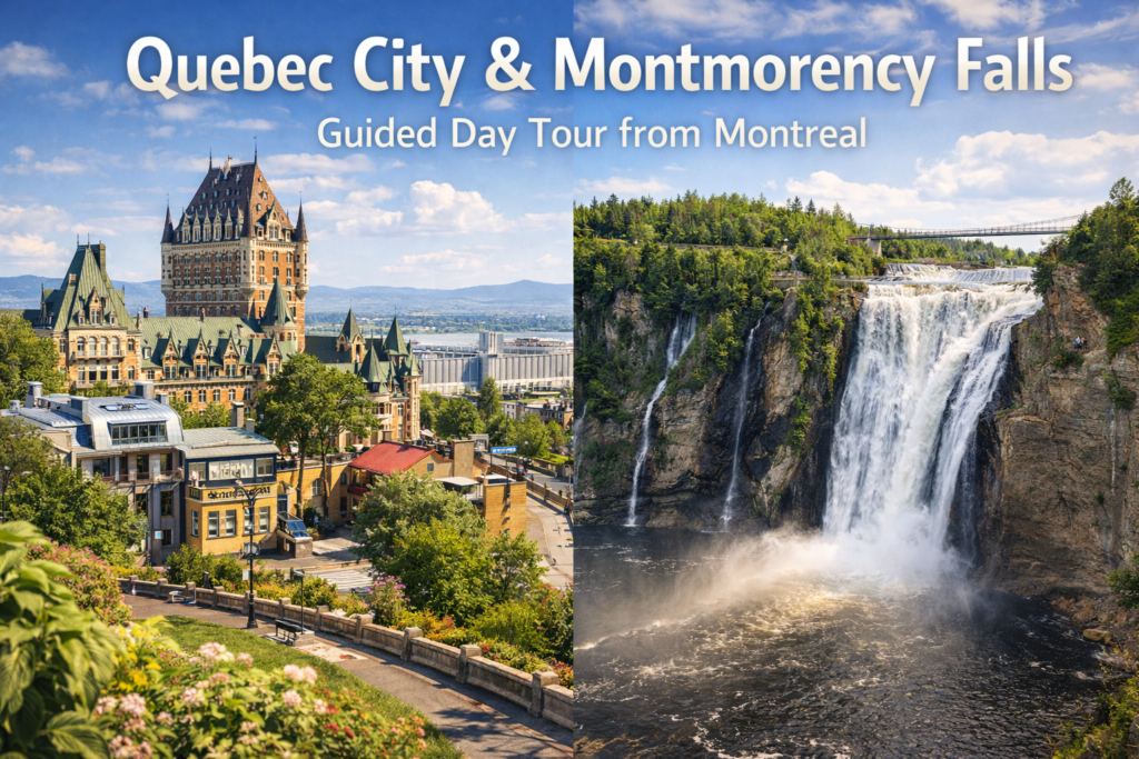 Quebec City skyline and Montmorency Falls captured in bright daylight showing historic old town architecture dramatic waterfall and scenic viewpoints