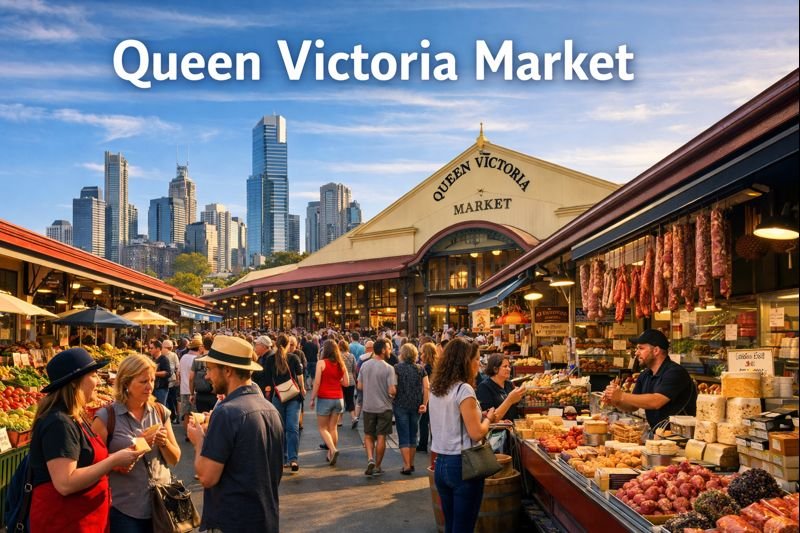 Queen Victoria Market Ultimate Foodie Tour in Melbourne with bustling food stalls, historic market sheds, fresh produce displays, local vendors, and city skyline under bright daylight