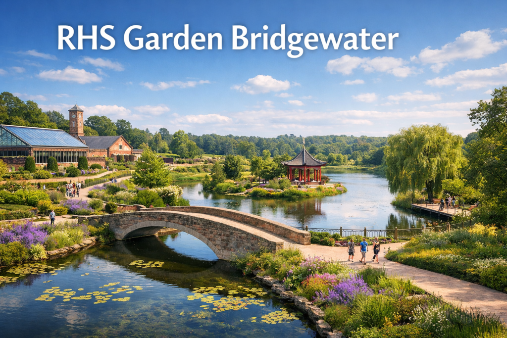 RHS Garden Bridgewater near Manchester with manicured lawns, vibrant flower beds, scenic walkways, and reflective water features under bright daylight in a cinematic landscape view.