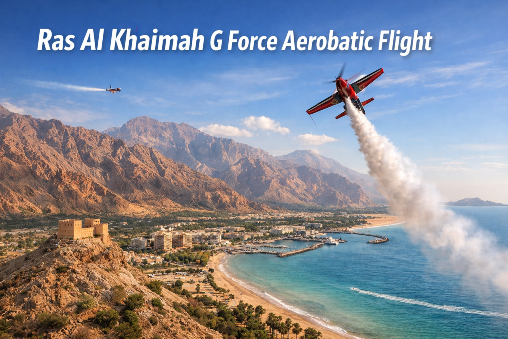 Ras Al Khaimah G Force aerobatic flight over the UAE coastline with a stunt plane performing a vertical climb above desert mountains and turquoise sea